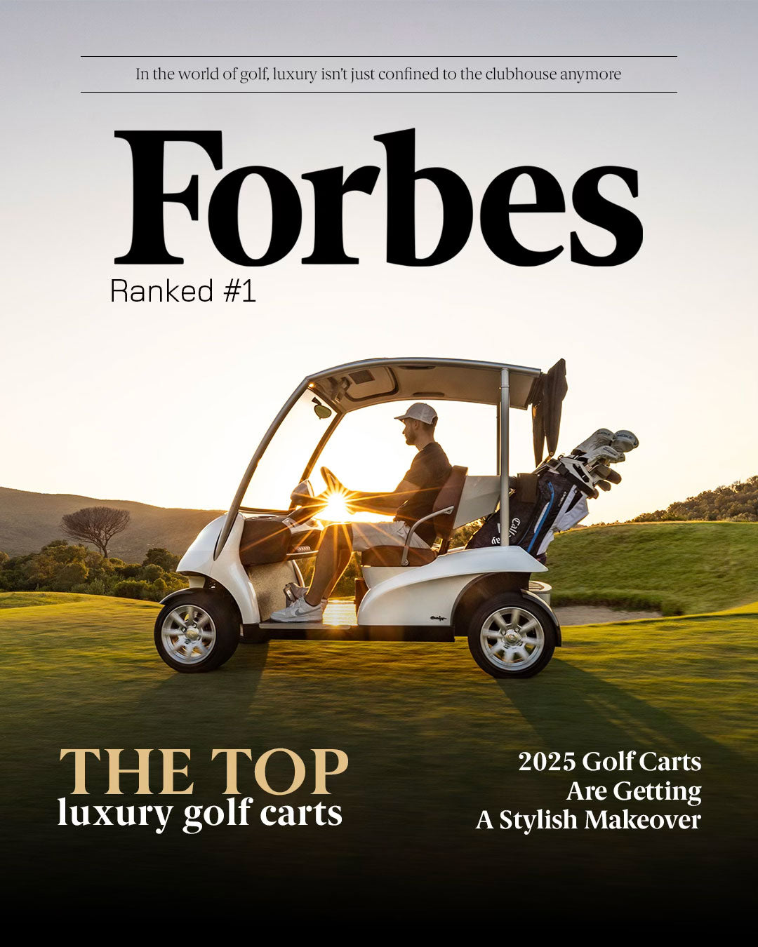 フォーブス誌の「トップ・ラグジュアリー・ゴルフカート」で第1位に選出されたことを示す、夕日を背にしたガリアの画像。